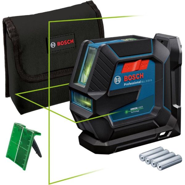Picture of Bosch GLL2-15G Greenbeam Crossline Laser inc LB10 Stand
& BT150 Bracket