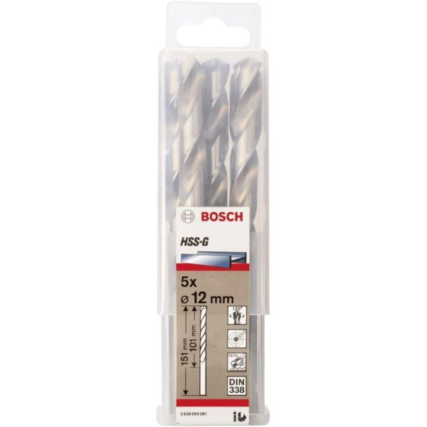Picture of Bosch 12mm HSS-G Drill Bits for Metal 101mm Working Length 5pk