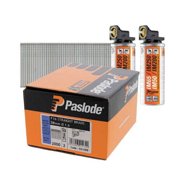 Picture of Paslode 921589 38mm Brad Nails for IM65 F16 - Box of 2000 with 2 gas fuel cells