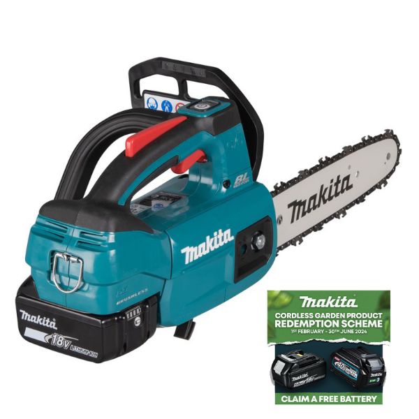 Picture of MAKITA  DUC254RT BRUSHLES TOP HANDLE CHAINSAW WITH 1X 5.0AH BATTERY AND DC18RC CHARGER
18 V BRUSHLESS CHAINSAW 1X BL1850 1X DC18RC